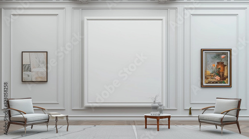 A gallery wall featuring a central large plain white frame flanked by two smaller frames on each side, all in perfect alignment.