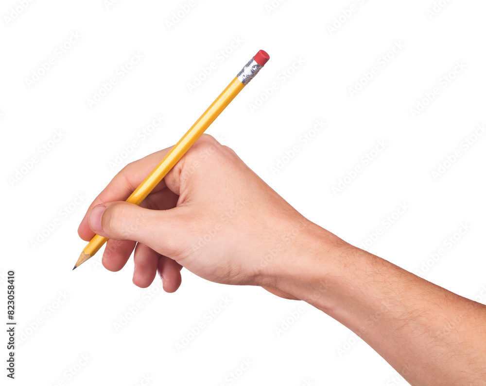 Hand with pencil writing something isolated on white background. Hand with pencil writing something isolated on white background.