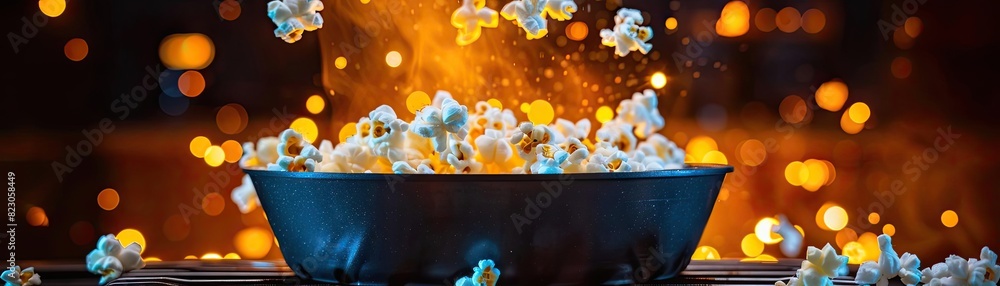 Close-up of popcorn popping in a black bowl with vibrant golden bokeh lights in the background, capturing a fun and dynamic moment. Close-up of popcorn popping in a black bowl with vibrant golden bokeh lights in the background, capturing a fun and dynamic moment.