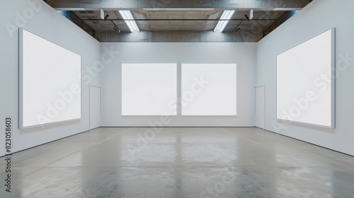 A gallery with a symmetrical display of four large plain white frames, set in a perfect square layout.