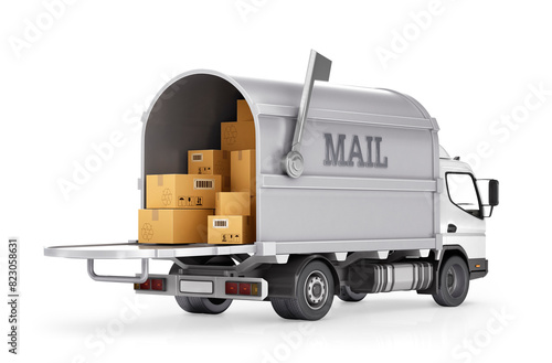 Delivery truck mail. Delivery service (car) isolated on white background photo