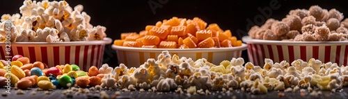 A variety of snacks including popcorn, caramel popcorn, cheese puffs, and candies in striped bowls on a black background. photo