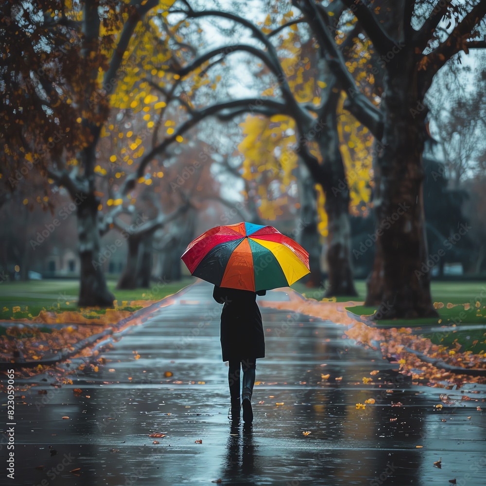 A lone pedestrian under a colorful umbrella walking through a deserted park during a torrential downpour, wet paths and dripping trees around