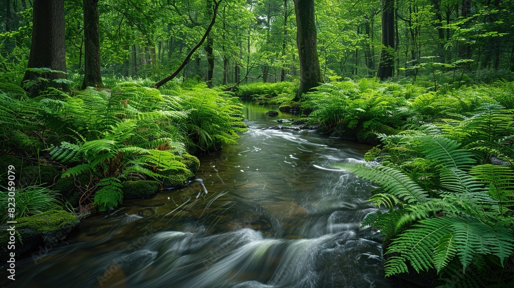 Obraz premium Tranquil forest stream with lush greenery,
