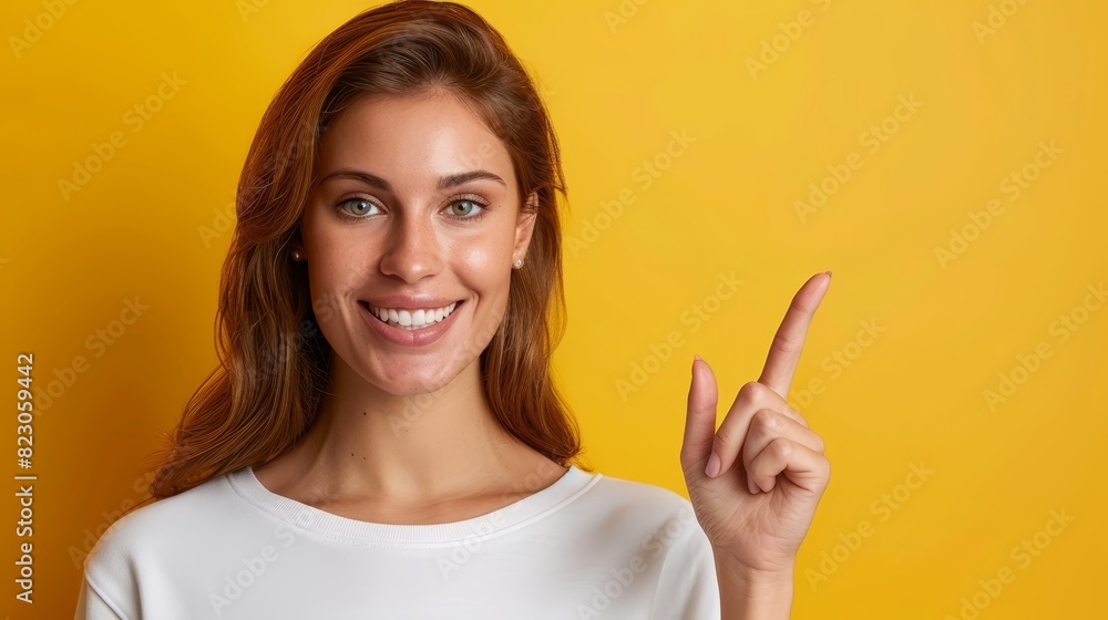 Woman smiles, forms peace sign with fingers against vibrant yellow backdrop Woman smiles, forms peace sign with fingers against vibrant yellow backdrop