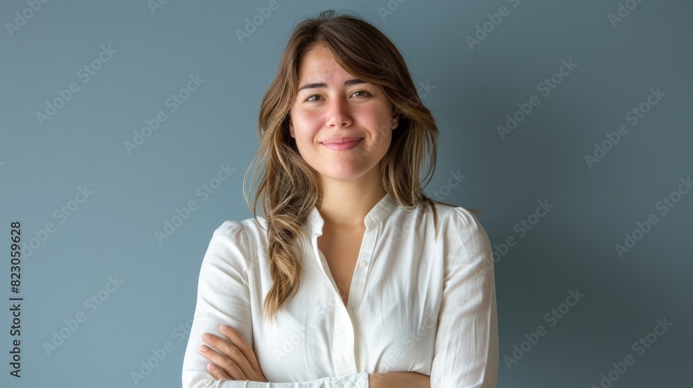 Woman smiling, arms crossed over chest as she faces camera Woman smiling, arms crossed over chest as she faces camera
