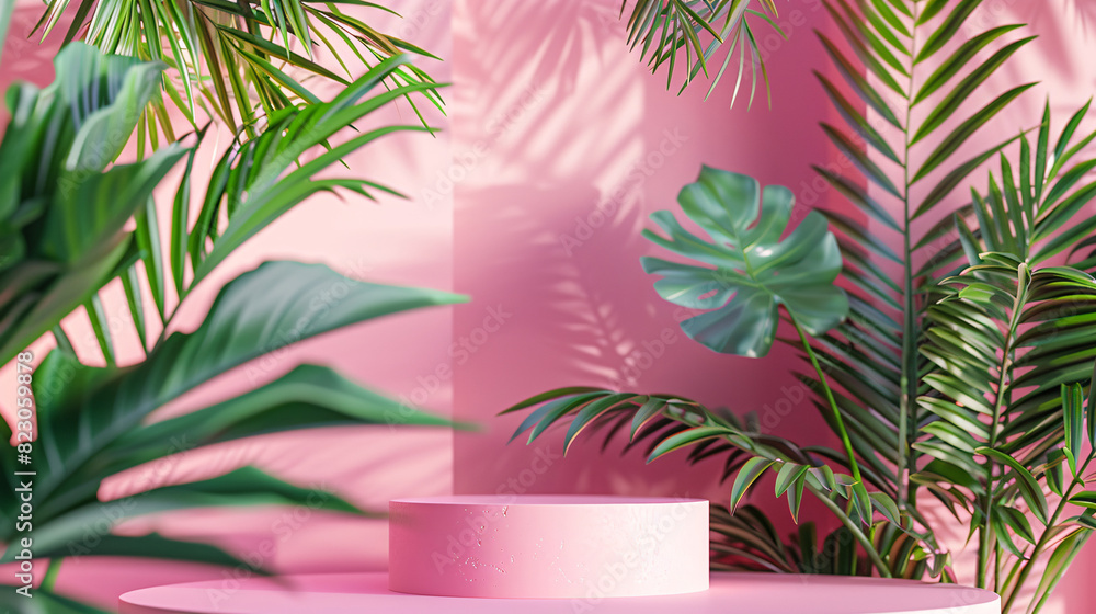 Fototapeta premium 3D stand with tropical leaves and a pastel background, great for summer-themed product promotions