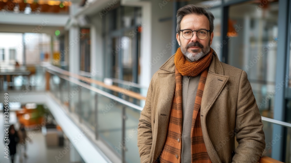 A man, clad in a coat and wearing glasses, stands in a building with a scarf wrapped around his neck A man, clad in a coat and wearing glasses, stands in a building with a scarf wrapped around his neck