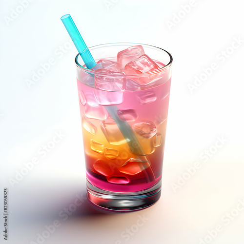 Colorful cocktail with ice cubes on white background. 3d illustration