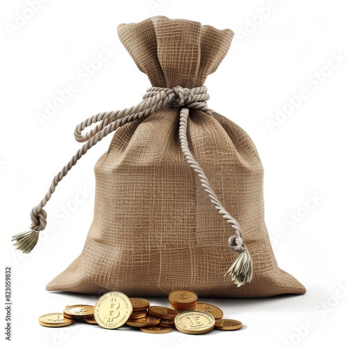 A burlap sack filled with gold coins, symbolizing wealth and financial success. Ideal for financial, investment, and savings concepts. photo