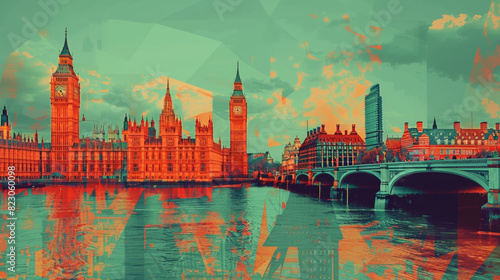 a collage of London sights and landmarks, artitechtures, big ben, times river, geometric, futuristic, minimalistic, vintage, trendy, illustrations