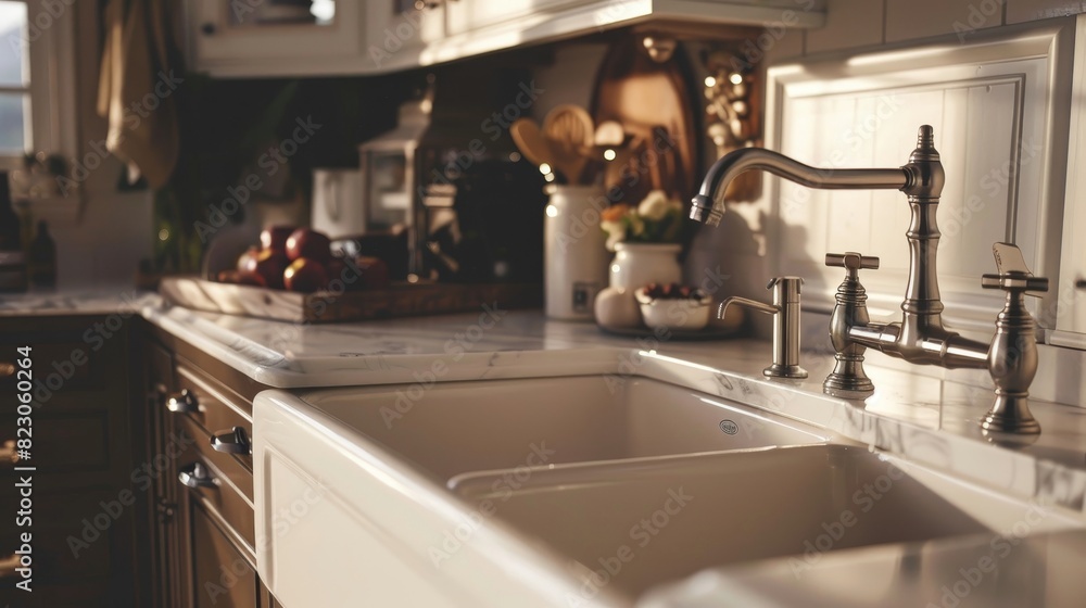 Close-up of a beautifully designed undermount sink in a vintage kitchen, highlighting its seamless look with the countertop and ease of maintenance