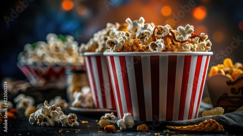 Close-up of popcorn in red and white striped containers, perfect for movie nights. Popcorn overflowing in vibrant, cinematic atmosphere.