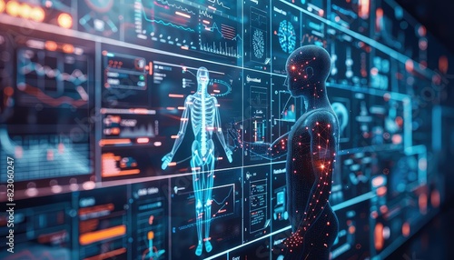 Healthcare big data analysis  digital medical records  holographic interface  vibrant colors  futuristic design 