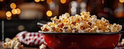 Bowl of freshly popped popcorn in a red container, against a blurred warm and cozy background with lights. photo