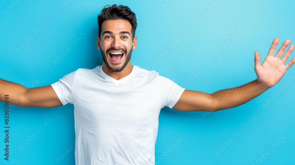 A man making a funny face, with hands raised and palms out in surprise A man making a funny face, with hands raised and palms out in surprise