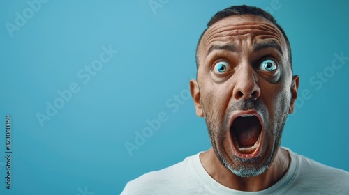  Man with wide-open mouth and eyes, surprised expression against blue backdrop