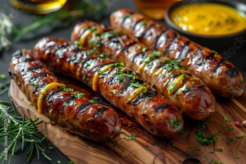 Bratwurst - Grilled sausages served with mustard and sauerkraut on a rustic wooden board.