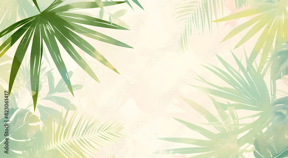 Colorful watercolor palm leaf background with free space for text.