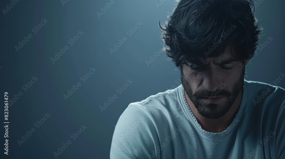 Obraz premium A man, clad in a white T-shirt, gazes at his cell phone against a dark backdrop