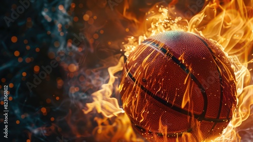 A close-up of a basketball on fire, the flames vividly illuminating the texture of the ball against a completely dark background, highlighting the drama and excitement