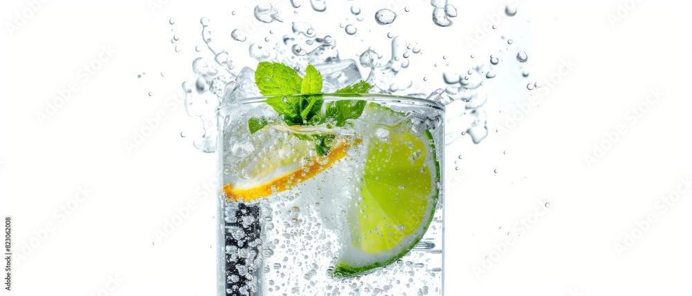 Sparkling water with lime wedges and mint leaves, bubbles rising, refreshing and fizzy drink, clear glass, isolated on white background, copy space, highquality stock photo Sparkling water with lime wedges and mint leaves, bubbles rising, refreshing and fizzy drink, clear glass, isolated on white background, copy space, highquality stock photo