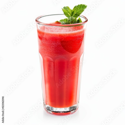 Watermelon juice in a clear glass  garnished with a mint sprig  refreshing and hydrating  vibrant red color  isolated on white background  copy space  highquality stock photo