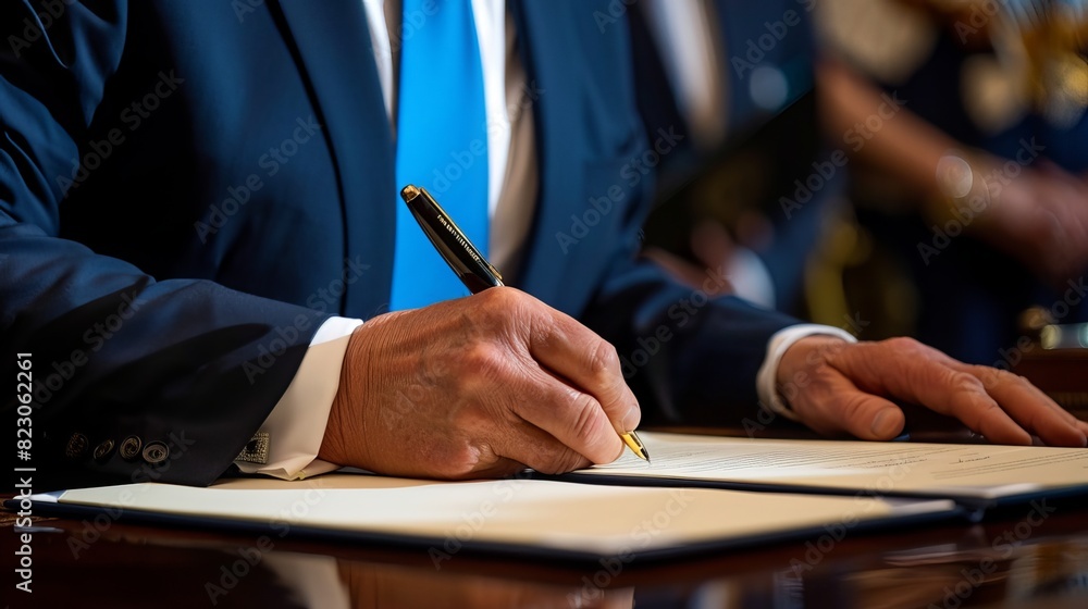 Politician Signing Legislation: In a formal ceremony, a politician signs new legislation into law, marking a significant achievement in their political career Politician Signing Legislation: In a formal ceremony, a politician signs new legislation into law, marking a significant achievement in their political career