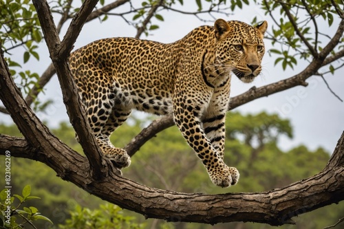 A leopard jumps on a branch in a tree