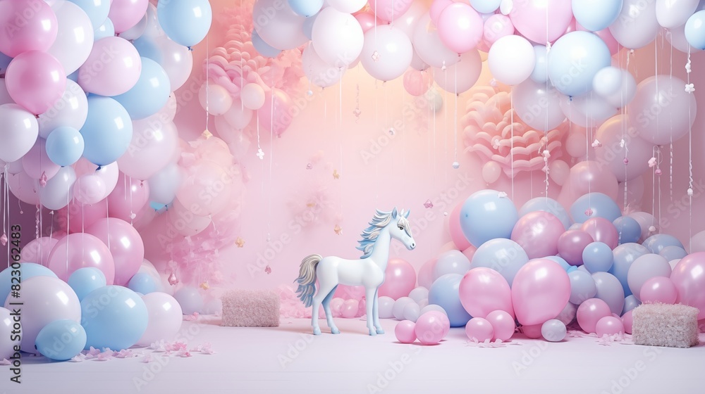 Ethereal Dreamland with Pastel Balloons and a Charming Unicorn Ethereal Dreamland with Pastel Balloons and a Charming Unicorn