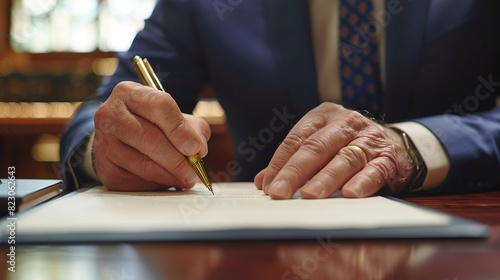 Politician Signing Legislation: In a formal ceremony, a politician signs new legislation into law, marking a significant achievement in their political career  photo