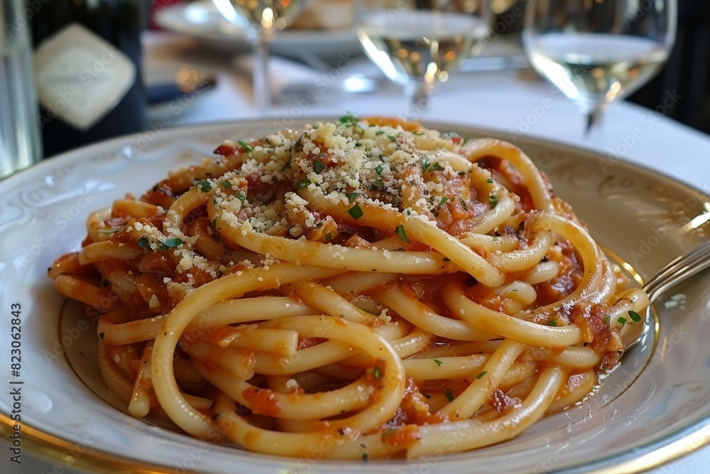 Bucatini all'Amatriciana: Bucatini pasta with a rich tomato and guanciale sauce, garnished with Pecorino Romano. Bucatini all'Amatriciana: Bucatini pasta with a rich tomato and guanciale sauce, garnished with Pecorino Romano.