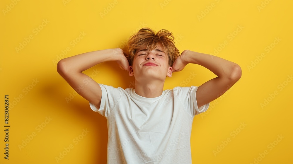 A boy, wearing a white shirt, places his hands on his head and cups his ears A boy, wearing a white shirt, places his hands on his head and cups his ears