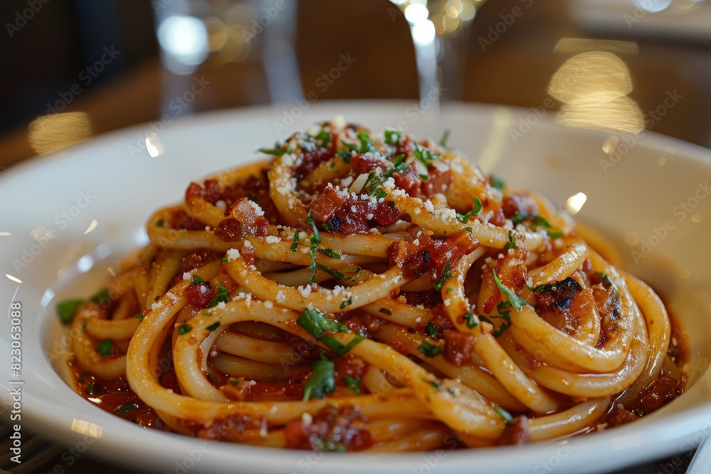 Bucatini all'Amatriciana: Bucatini pasta with a rich tomato and guanciale sauce, garnished with Pecorino Romano. Bucatini all'Amatriciana: Bucatini pasta with a rich tomato and guanciale sauce, garnished with Pecorino Romano.