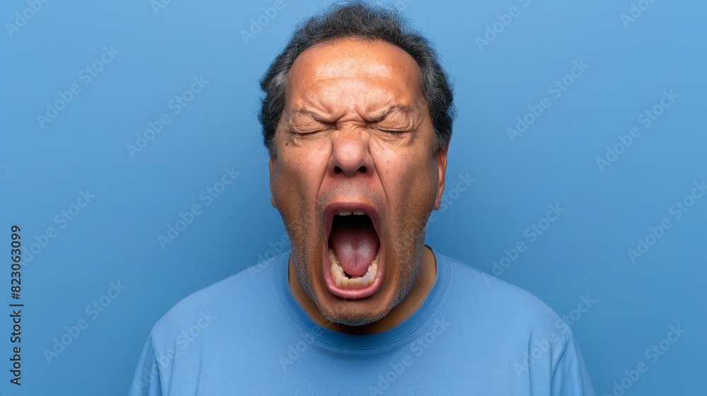 A man in a blue shirt is making a surprised or shocked expression with an open mouth and extended tongue A man in a blue shirt is making a surprised or shocked expression with an open mouth and extended tongue