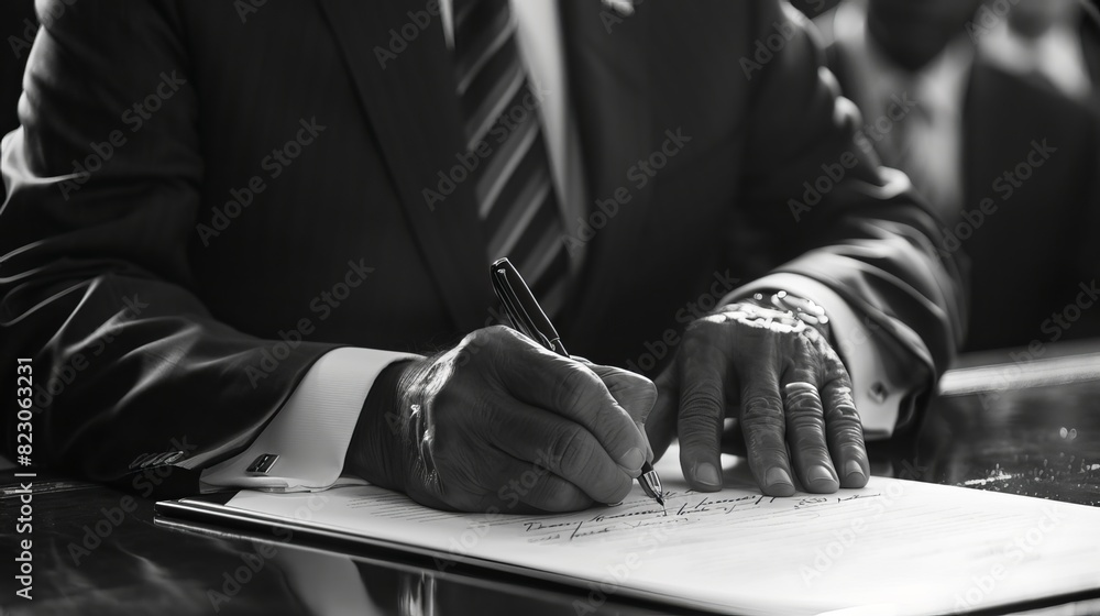 Fototapeta premium Politician Signing Legislation: In a formal ceremony, a politician signs new legislation into law, marking a significant achievement in their political career 