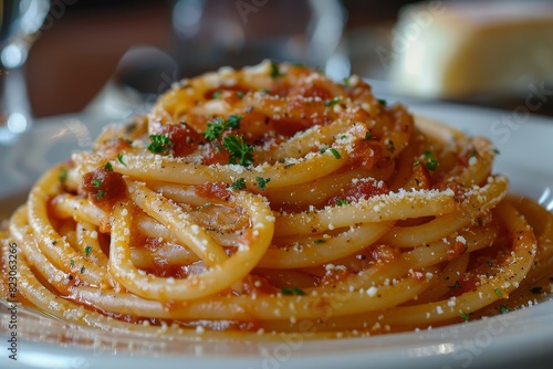 Bucatini all'Amatriciana: Bucatini pasta with a rich tomato and guanciale sauce, garnished with Pecorino Romano.
