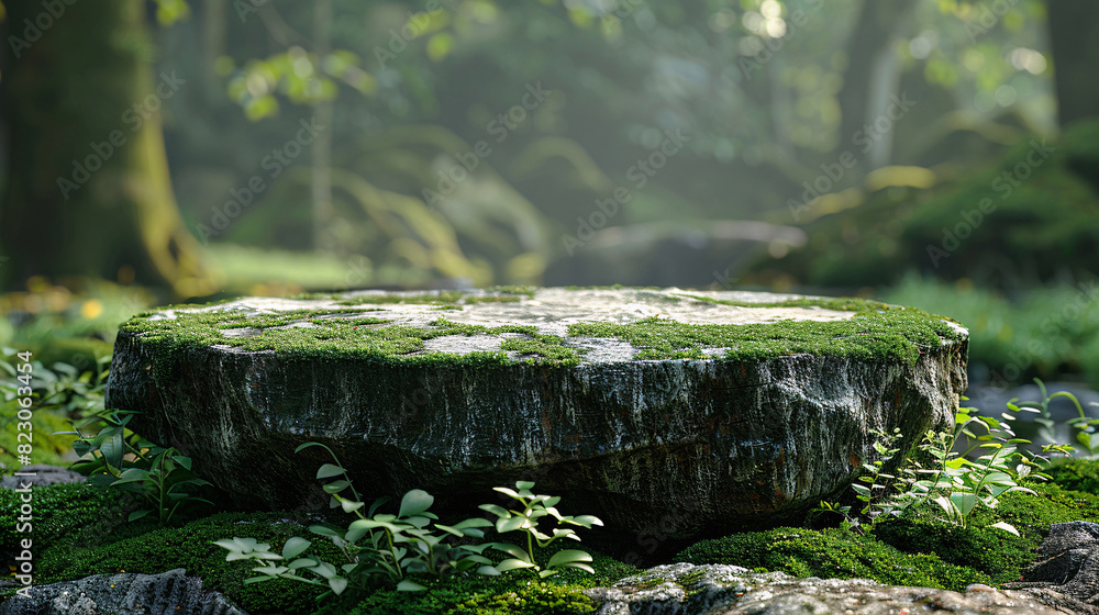 Fototapeta premium Abstract display stand with a rock base in a green forest environment, perfect for cosmetic advertising