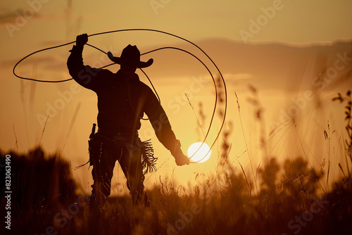 Silhouette of cowboy swinging lasso overhead in classic ranching scene photo