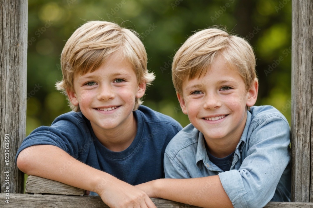 Portrait of Smiling blond boy leaning on wooden fence Portrait of Smiling blond boy leaning on wooden fence