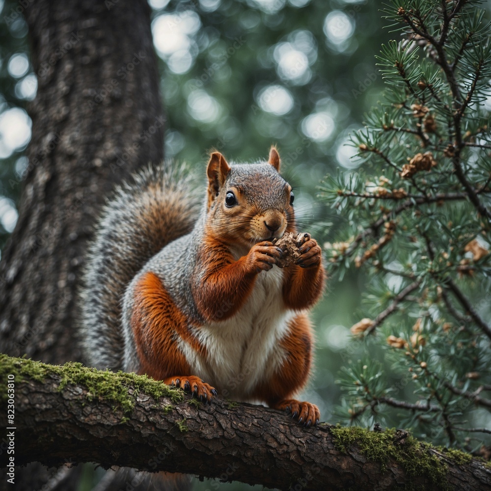 Fototapeta premium A cute squirrel standing with a squirrel on a tree