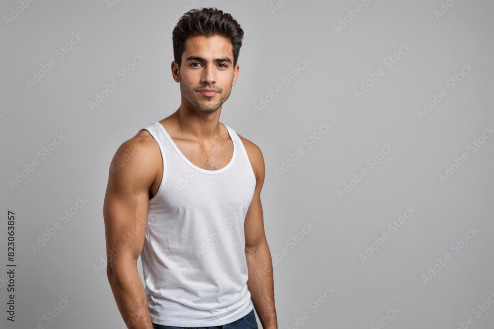 Studio portrait of young fine-looking hispanic man in white tank shirt. Studio portrait of young fine-looking hispanic man in white tank shirt.