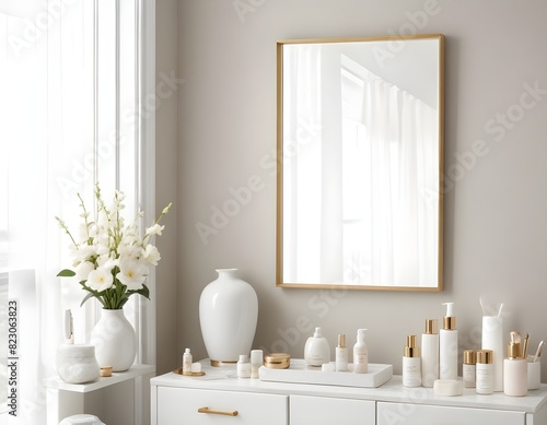 Frame mockup  ISO A paper size. Living room wall poster mockup. Luxury bathroom. Interior mockup with house background. Modern interior design. 3D render