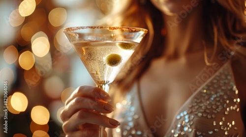 Woman holding glass of martini with olive