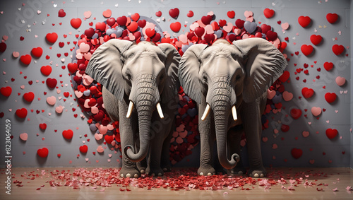 There are three elephants in front of a wall of red heart-shaped balloons.