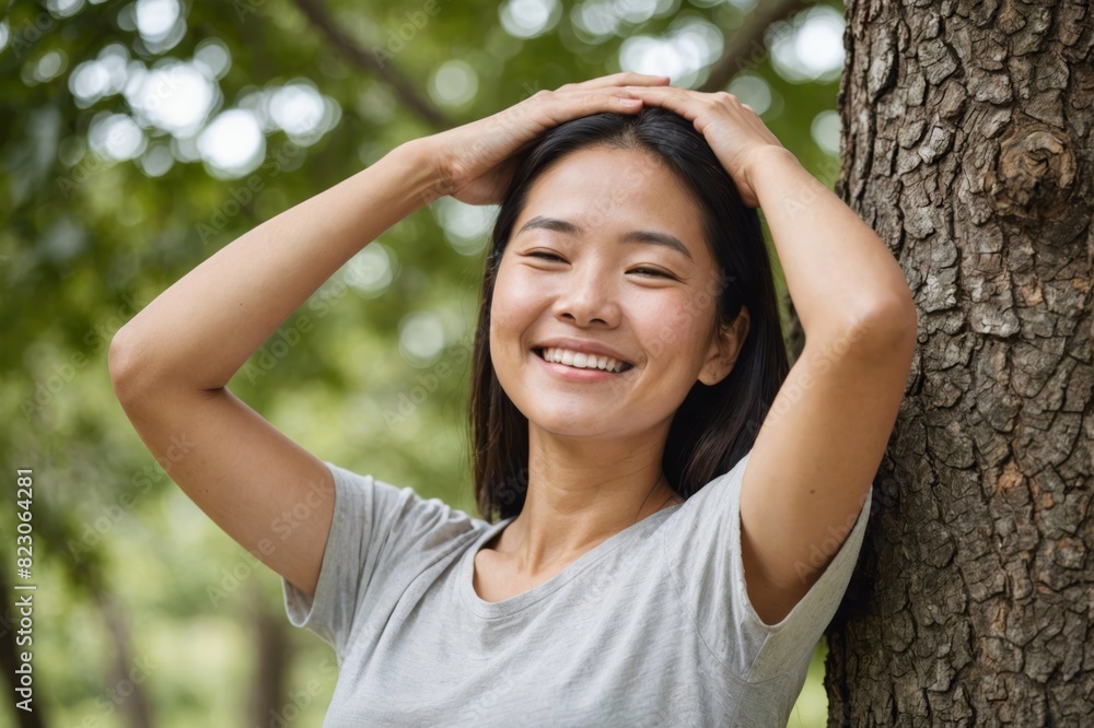 Smiling asian woman with hands behind head and eyes closed leaning on tree Smiling asian woman with hands behind head and eyes closed leaning on tree