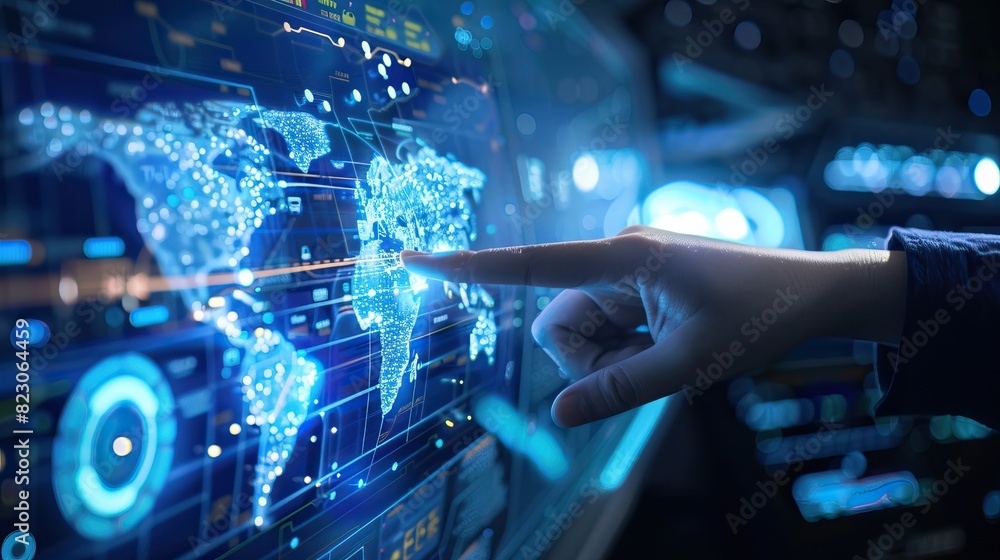 Hand interacting with a futuristic holographic interface displaying a detailed blueprint of a modern jet, surrounded by analytical data and diagrams Hand interacting with a futuristic holographic interface displaying a detailed blueprint of a modern jet, surrounded by analytical data and diagrams
