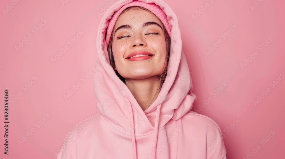 A woman wears a pink hoodie with her eyes closed to the side of her face A woman wears a pink hoodie with her eyes closed to the side of her face