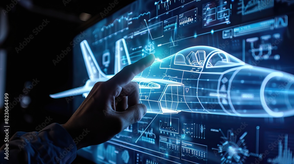 Hand interacting with a futuristic holographic interface displaying a detailed blueprint of a modern jet, surrounded by analytical data and diagrams Hand interacting with a futuristic holographic interface displaying a detailed blueprint of a modern jet, surrounded by analytical data and diagrams