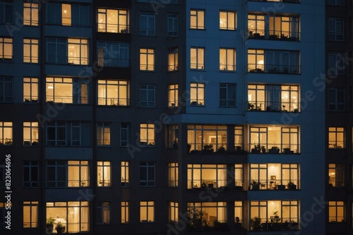 Apartment windows lit up at night